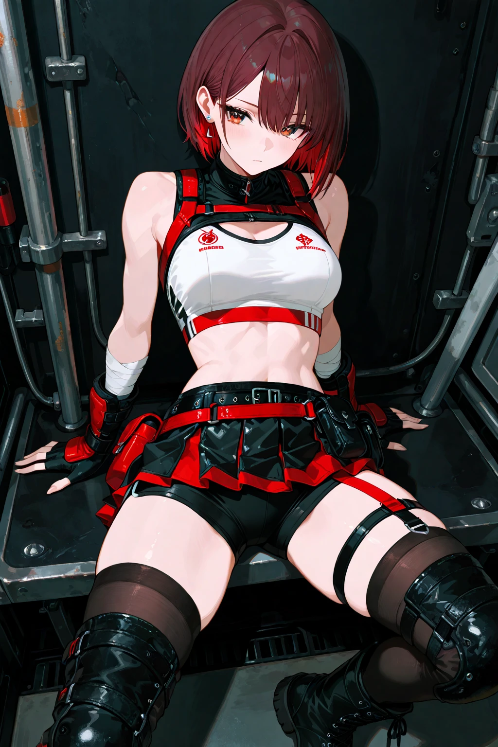 Female agent with abdominal muscles was injured and bleeding，It looks painful，Tethered by chains，Struggling painfully