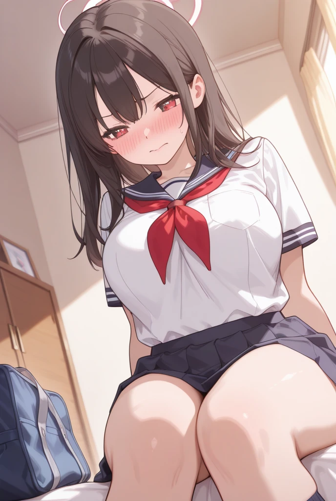 embarrassed girl sits with a balloon inside panties, balloon showing under skirt, school uniform, slinky plaid skirt, with thick thighs exposed in snug thigh highs