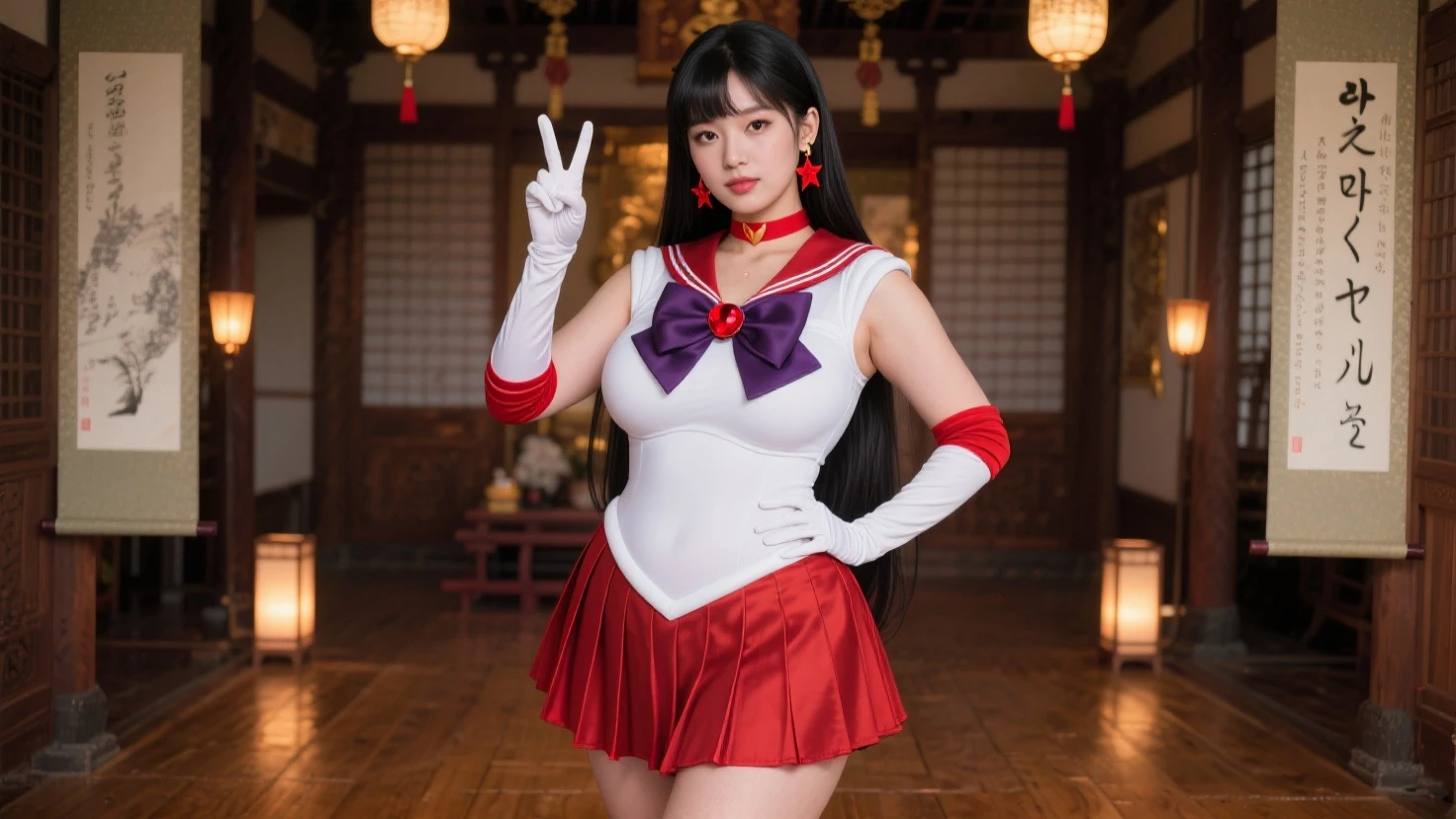 masterpiece,Highest quality,height,Same 1,Crown,Sailor Warrior Costumes,White gloves,Red Sailor Collar,Red Skirt,Star Choker,Elbow hand pockets,Pleated skirt,barefoot,Purple ribbon,smile,,Uptrend,pants,Accentuate your breasts, \(nsf wolf\),Overweight, ((Extremely fat)), ((Chubby)), Japanese, ((twinkle smile))