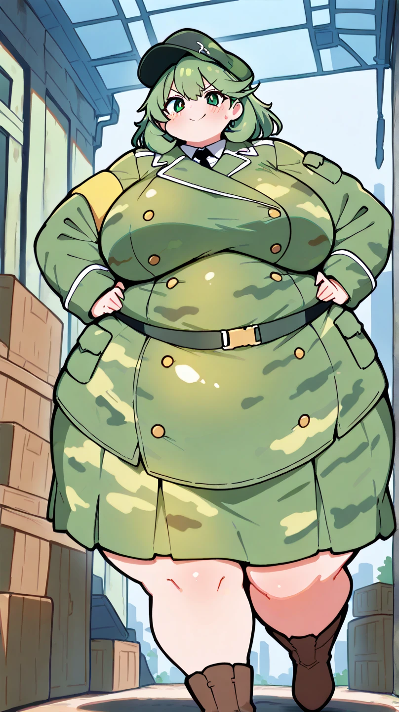 girl, chubby girl, blonde, green eyes, medium length hair, open forehead, no bangs, square-rimmed black glasses, short green shorts, shorts, shirt, green shirt, short sleeves, scout clothing style