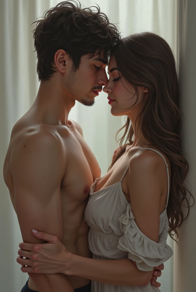 Sensual slim brunette woman and her brunette man partner, strong looking into the eyes