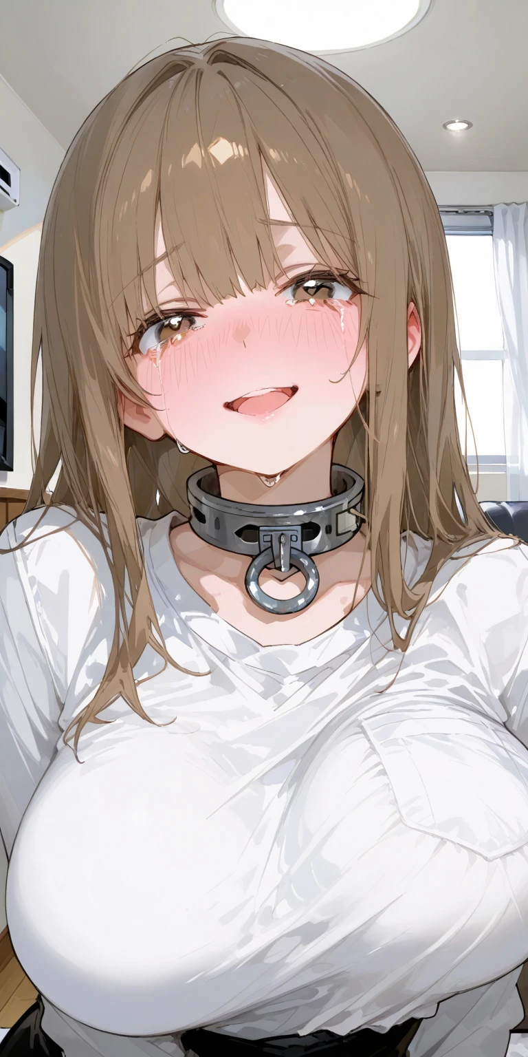 masterpiece, highest quality, NSFW, 1 girl, shouko_Nishinomiya, 18-year-old, light brown hair, long hair, bangs, hair between eyes, brown eyes, (big breasts:0.8), blush your nose, sad, tears, vapor, saliva, Sweat, drooling,
collar, chain lead, crawl on all fours,