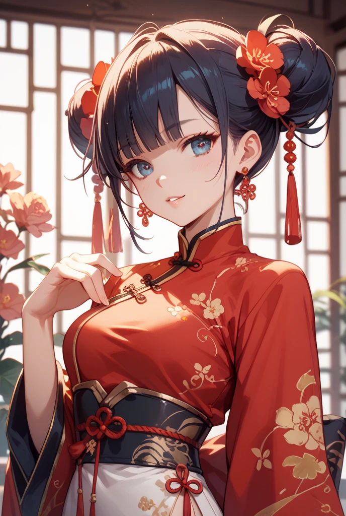 1girl in、Best Quality、、Very cute、A smile、Japanese、、Very cute、glad looking face、short-hair、Golden head hair、beautiful eyes、cleavage、胸の谷間、3D rendering、自撮り、cheongsam、qipao、beautiful embroidery、中華街、