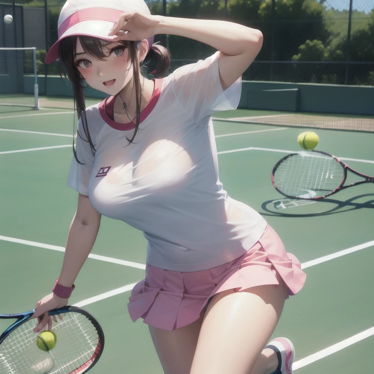 (masterpiece、Highest quality、))、beautiful detailed eyes 、ultra-detailed、 , Gray Hair、Ahoge、Long Hair, Blue eyes、ponytail 、big breasts、blurry background、bashful、pinup, play tennis, (swing tennis racket:1.1), wear tennis uniform, in Tennis court, (moving:1.2), tennis ball, hit the ball with a racket, some players、Panty shot、windy,floating hair、open clothes、cleavage、sweat,see-through,、stomach cutout, clothes lift、