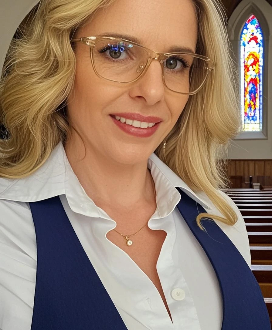Lauren Boebert, full body shot, 35 year old woman, glasses, brown eyes, beautiful hair, wrinkles under eyes, wedding dress, lace, off shoulder, cleavage, sitting in church pew, bokeh,f1.4,40mm,photorealistic,raw,8k,skin pores,dried-up,textured skin,intricate details,dramatic light,award winning,style by Dan Winters,RAW photography,film grain,(indistinguishable from reality:1.4),photo taken with a Bolex H16,captivating eyes,smiling,charming,striking features,character,thorough,