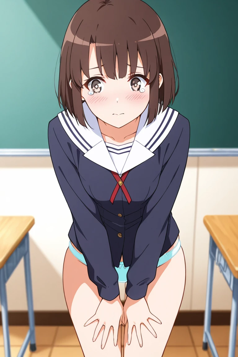 Highest quality, High resolution, masterpiece, (Beautiful Eyes), (Fine grain), Detailed face, One girl, One boy, kumiko oumae, Brown eyes, Brown Hair, short hair, Wavy Hair, smile, blush, skirt, shirt, Long sleeve, , pleated skirt, neckerchief, brown skirt, whiteいセーラーカラー, brown shirt, Kitauji High , red neckerchief, indoor, classroom, Chair, machine, View your viewers, Cowboy Shot, (Panties丸見え:1.5), (Wide pelvis:1.5), (Plump thighs:1.5), (Big Ass), (white_sexy_Panties:1.5), (男の子が女の子のPantiesに顔を押し付ける:1.5), (Ahegao Double Peace), nsfw