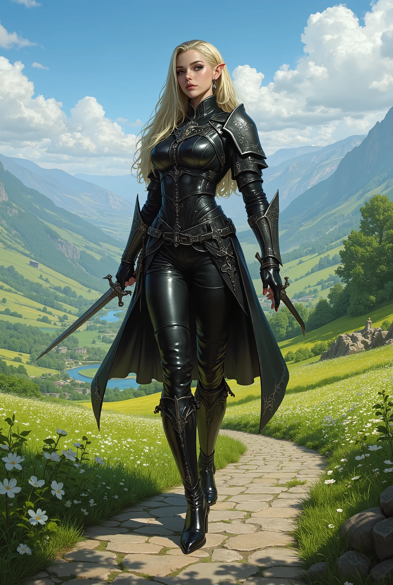 1girl, (solo), angelisereiter, armor, pauldrons, gloves, gauntlets, sword, perverted smile, red cheeks, small lips, full body, small size, forest, (days), (very sexy body, detailed face, masterpiece, highly detailed, 8k, best quality, vibrant colors, digital art, concept art)
