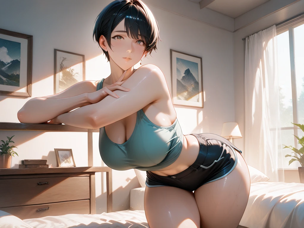 (Ultimate beauty), 非常にdetailed顔, detailedな唇, fine grain, Beautiful Eyes, Short Black Pixie Hairstyles, ((Laugh with your mouth closed)), (((Wearing a white cheerleader uniform))),(((Accentuate your cleavage))) Big Breasts,(Accentuate your breasts) (Thighs), ((Kneel with hands on the floor))perfectionなボディ, perfectionな顔, (((background: Stadium))) (Depth of written border), perfectionな画像リアリズム, With detailed background, detailedな衣装, perfection、Hyperrealism、Realistic、Maximum resolution 8K, (masterpiece), 非常にdetailed, Professional 22 year old Japanese woman,(非常にdetailedな肌)(Beautiful female body)(美しいBig Breasts)(Big Breasts)(Pale skin)(Pointed Chest),(Erect nipples)(Best image quality)(Hyperrealismの肖像画),(8k),(Ultra-realistic,最high quality, high quality, High resolution)(high quality texture)(Attention to detail)(Beautiful details)(detailed,Extremely detailed CG,detailed Texture)(Realistic facial expressions,masterpiece,in front,dynamic,bold),(((short pixie cut))),(Very thin hair)(Super Straight Hair:1.5)( sleek bangs,Very light coppery amber hair,Hair in one eye) (((Accentuate your buttocks))) (((On all fours))) (((Compo座るion from behind))) (((She is spreading her legs boldly))) (((The lines of the body are clearly visible)))、(((Depiction of beautiful fingers))) (((Beautiful body depiction))) (((Accentuate your butt)))(((Thighsが見えるよ)))(((Full body photo)))、(((Photo from behind)))、(((Correct ankle orientation)))(((Correct number of legs))) (((正確な後ろからのFull body photo)))(((Exact number of hands)))