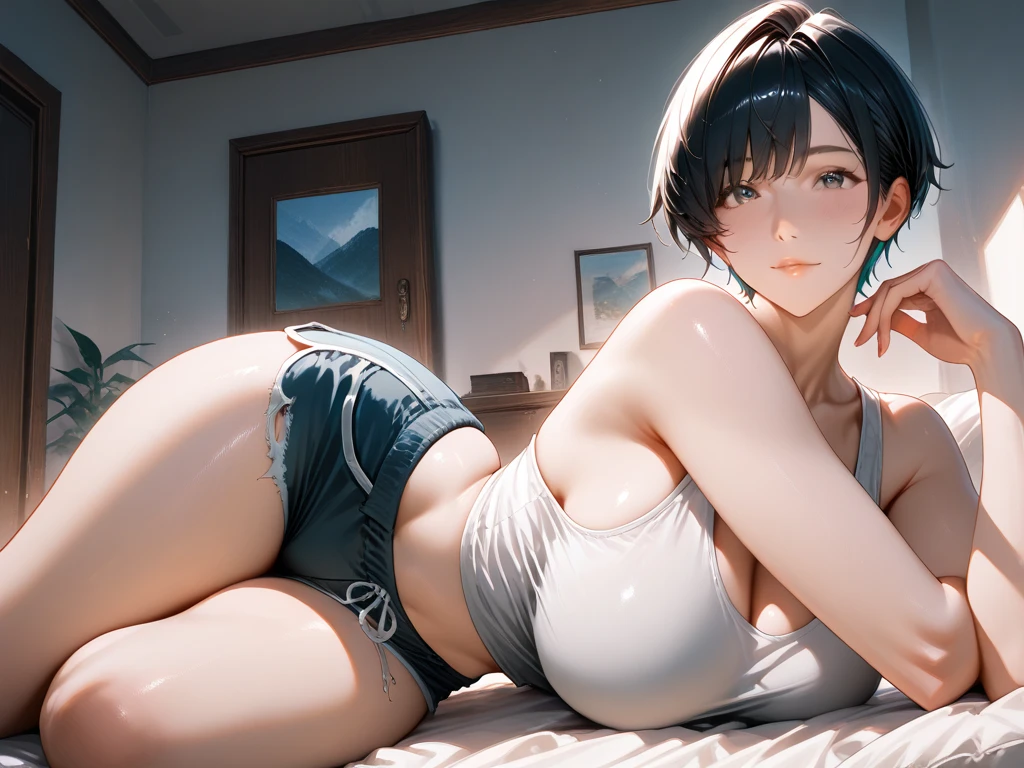 ((top-quality、8K、masterpiece:1.3))、Beautuful Women、1girl in、Colossal tits:1.3、Slender Abs:1.1、A dark brown-haired、(Sleep in bed、open one's legs:1.2)、hyperdetailed face、very detailed lips、A detailed eye、二重まぶた 、The bikini、highleg、Bite、