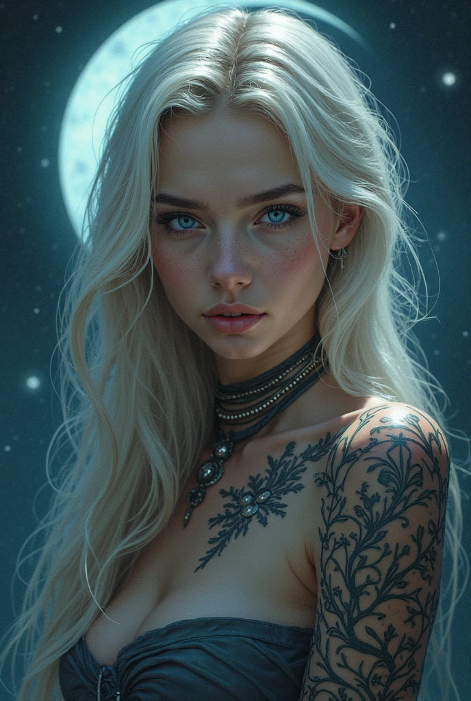 1woman, moon background, sitting, from side, white skin, intense blush, yellow eyes, blonde hair, long hair, cleavage, flower tattoo, looking at viewer from side