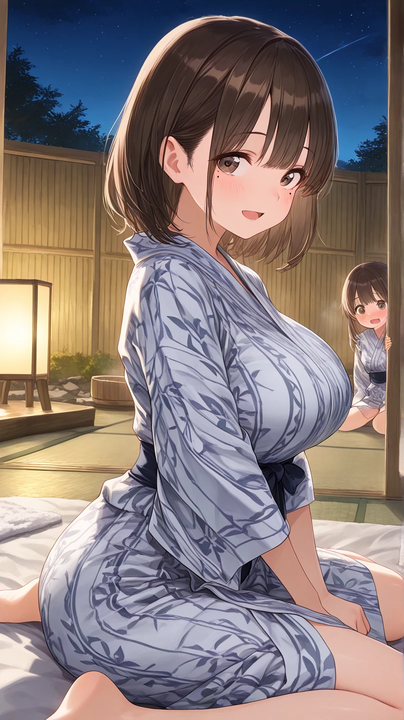 Cute little beautiful girl、、naked、(Blushing and sweating:1.5)、Embarrassed、Brown skin、Open yukata、Beautiful breasts,Tied up hair、Tied to a post with arms and legs spread