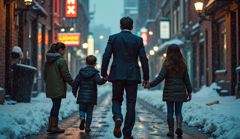 "A little boy looks at his father in the street in the city