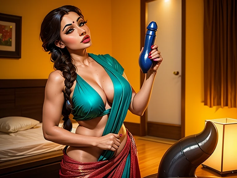 Pale Glowy skin, Traditional Indian Hot mom in sexy saree showing cleavages, navel canel,,extremely muscular body, veiny biceps , perfect abs, very wide and muscular shoulders, ((wide space line between breast )), kitchen