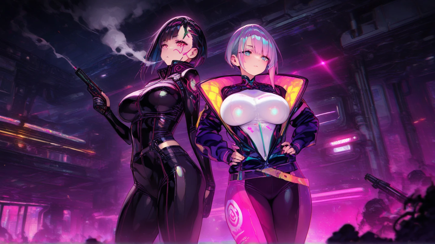 Digital painting of blue haired woman,cyberpunk art,Josan Gonzalez,Winner of the Behance competition,afrofuturism,Synthwave,neon lights,发光的neon lights,((huge breasts :1.5))
