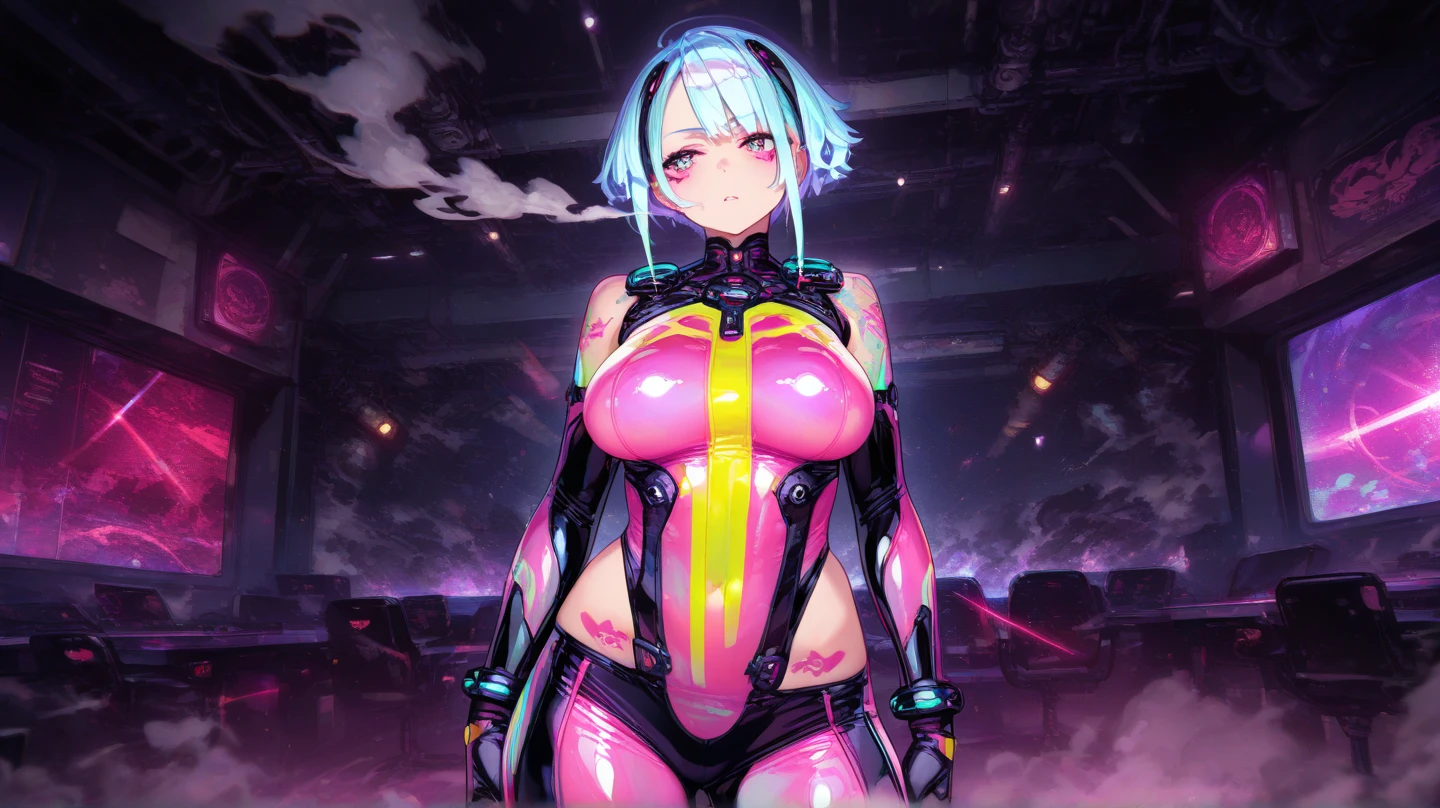SailorNeptune. Evil Smile. Aqua color hair. dark costume. Transparent Bodystocking. mind control. corruption. Heart Pasties. pink glow eye. Covered in mucus.
