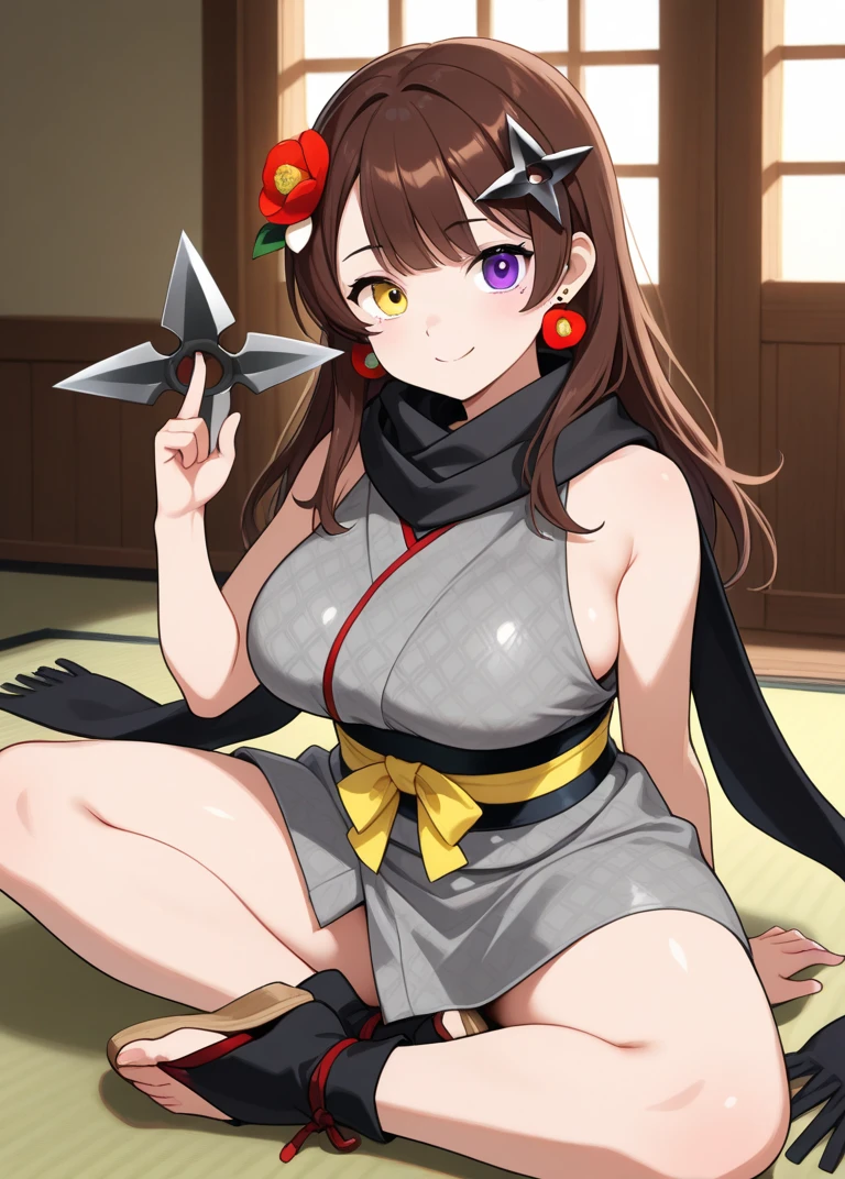 masterpiece, best quality, beautiful art, high resolution, well formed hands, body and fingers, 1 woman, solo, Lin Xiao Mei, grown up,  cat ears and cat tail, cosplaying as Mai Shiranui , mai_shiranui_cosplay, adult, large and round breasted, cleavage full body,  hair ribbon, gorgeous legs and, thighs, sexy Japanese clothes, hair ornament , sexy legs , hips and thighs,ryona,in peril, she is  defeated, knocked out, passed out, closed eyes, exhausted, unconscious, laying down on the sand, extended exposed body, full body on the sand, breathing heavily, sexy smirk on her face, bouncing breasts, sexy defeated pose, defeat and  KO scene, fallen beauty, martial arts tournament with beach environment      