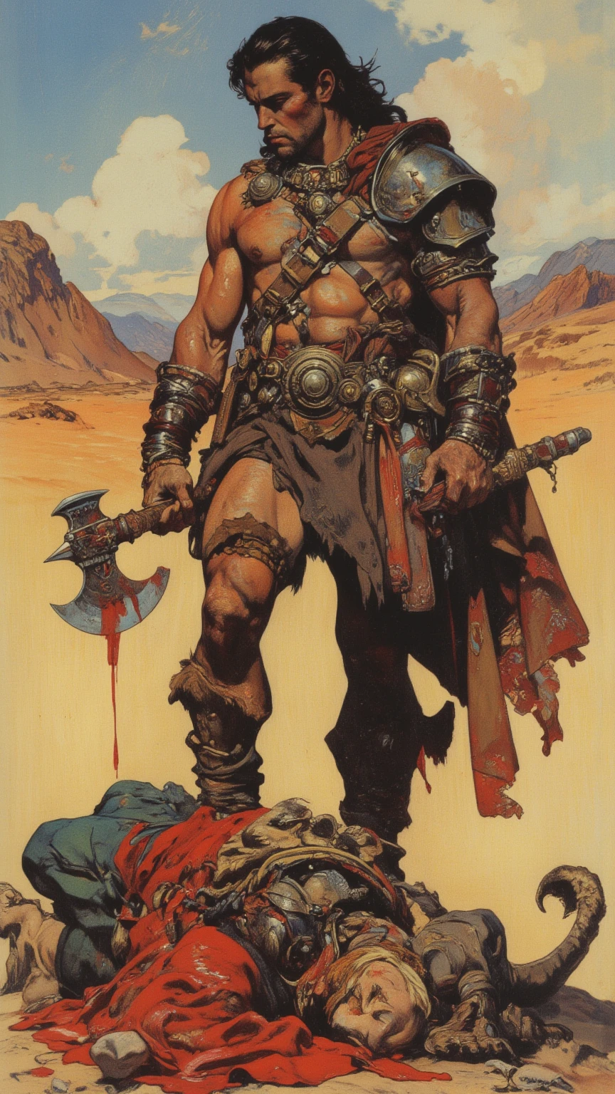 <lora:Marc Silvestri Style:1>Marc Silvestri Style - Depict a towering, musclebound man clad in detailed brown armor, possessing the sheer force necessary to unleash earth-shattering tremors, as he brandishes a massive sword as tall as himself. Create this image using the medium of digital art, channeling the dynamic and exaggerated proportions found in comic book illustrations by artists like Jack Kirby or Jim Lee. Bathe the scene in a strong, contrasting light source, highlighting the character's powerful muscles and intricate armor details. Utilize a color scheme with a dominant presence of warm browns, muted golds, and subtle hints of earthy greens. Frame this awe-inspiring figure with a worm's-eye view, using a fisheye lens to add a sense of depth and drama to the composition.