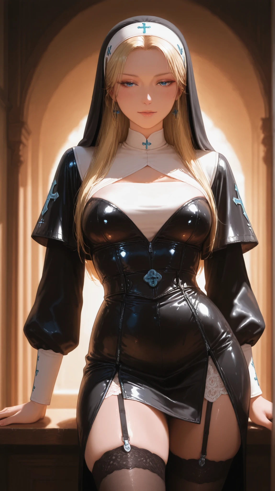((masterpiece, best quality)),1girl, green eyes, long light purple hair, black latex nun costume, church, alter, cleavage, very green eyes, gold rosary, praying