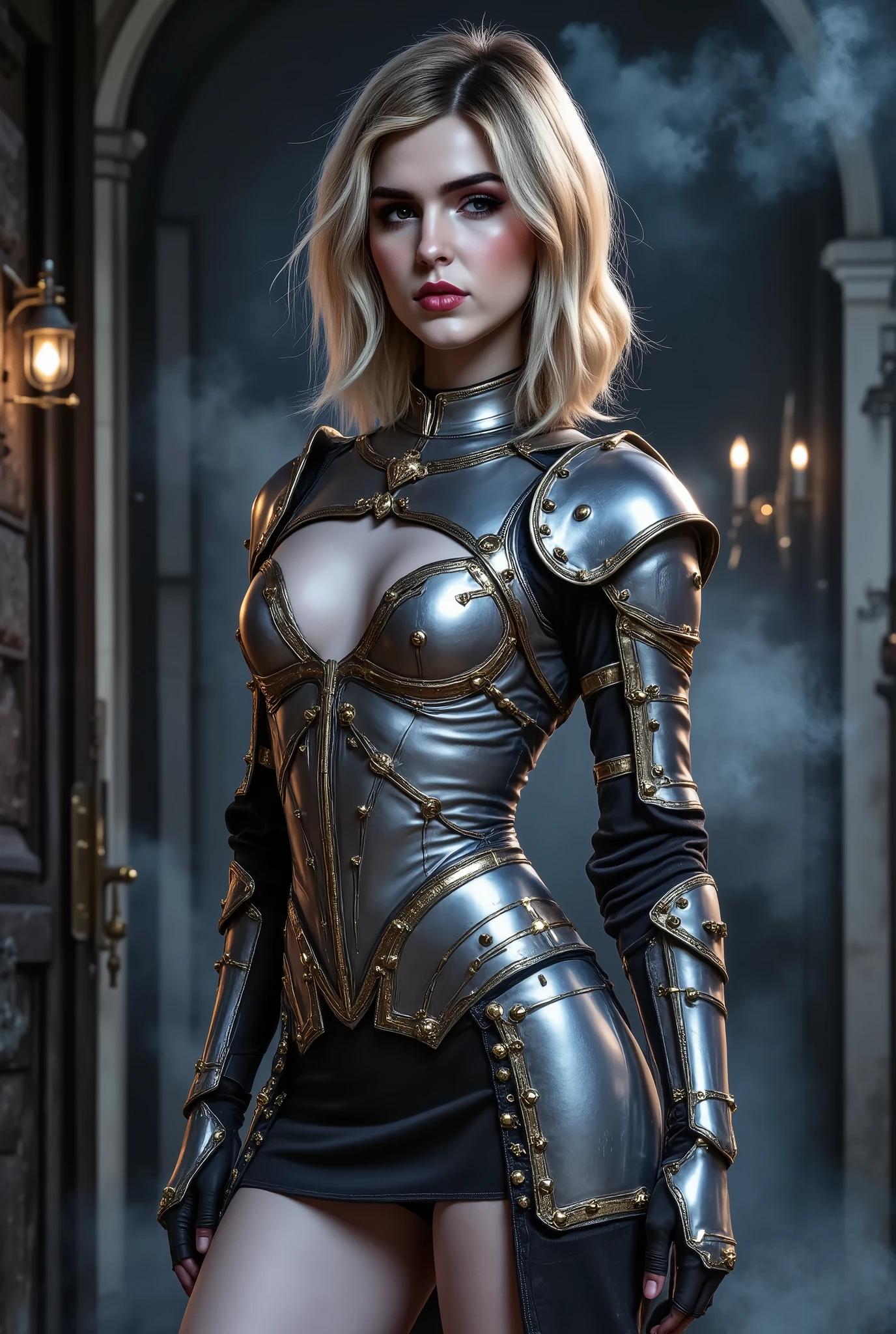 beautiful female knight, full body, wearing bombshell, bomber, silver gold plated 17th century short body-hugging knight armor, standing in the doorway of a gothic cathedral, very long blonde luscious hair, perfect eyes, full red lips, fair skin, hair blowing in the wind, ultra-realistic skin texture, sensual curves, sensual gaze, sensual figure, eerie lighting, heavy mist, thick bluish fog, high quality, cinematic, photorealistic, lifelike, high definition, extremely intricate details, dark, dramatic atmosphere, creative perspective
