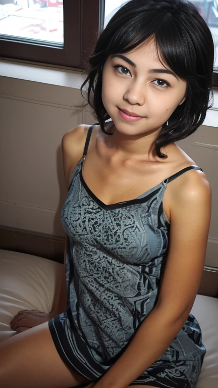 photo of a Filipina woman,Pinay,light brown skin,from front,age 20-years-old,black pantie, topless, shoulder-length hair