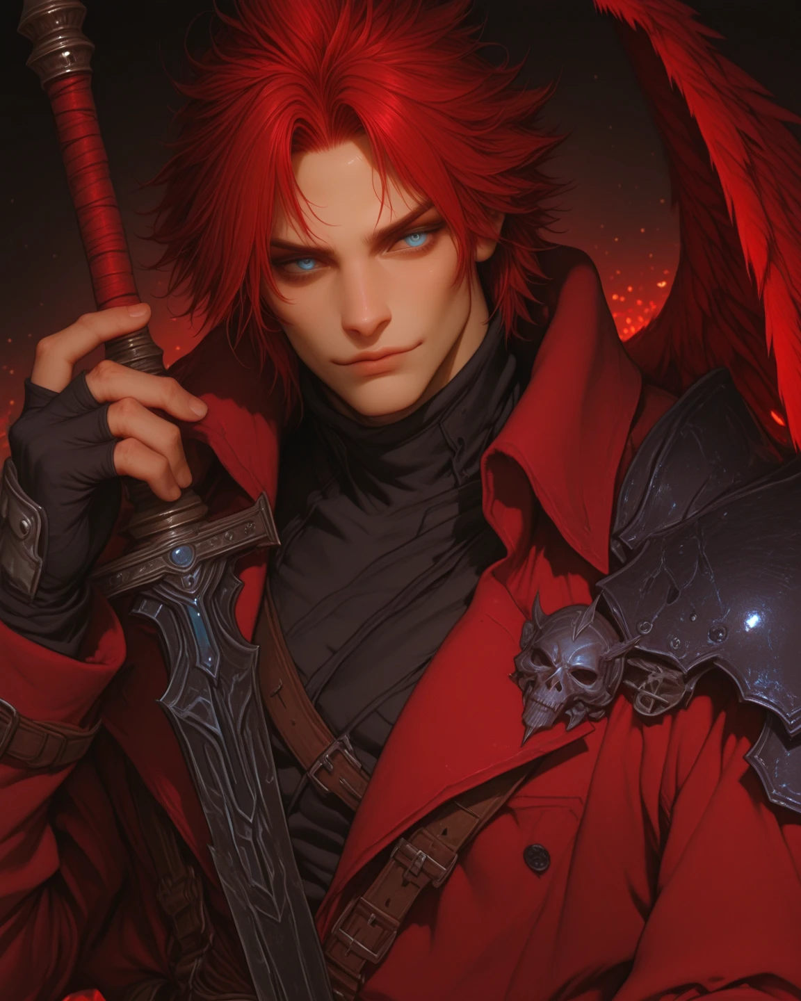 Anime character with red hair and a sword in his hand, Guilty Gear Art Direction, Guilty Gear Strike Splash Art, Detailed digital anime art, Detailed Anime Character Art, Amazing character art, Jan J, 2. 5d cgi anime fantasy artwork, Magnificent and elaborate character art, Fan Art Best Art Station, guilty gear art style, artstation pixivでトレンド