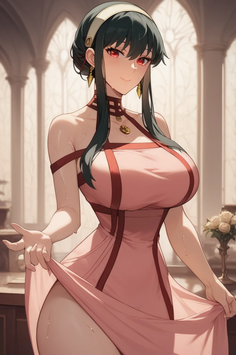 ((highest quality)), ((masterpiece)), (be familiar with),One female,Black Hair,Red eyes,Black Dress,Chest tattoo, Bewitching Smile,Heel,Black Hair,Hair tied around the neck,Red shawl,Erect nipples,(whole body),Slanted Eyes