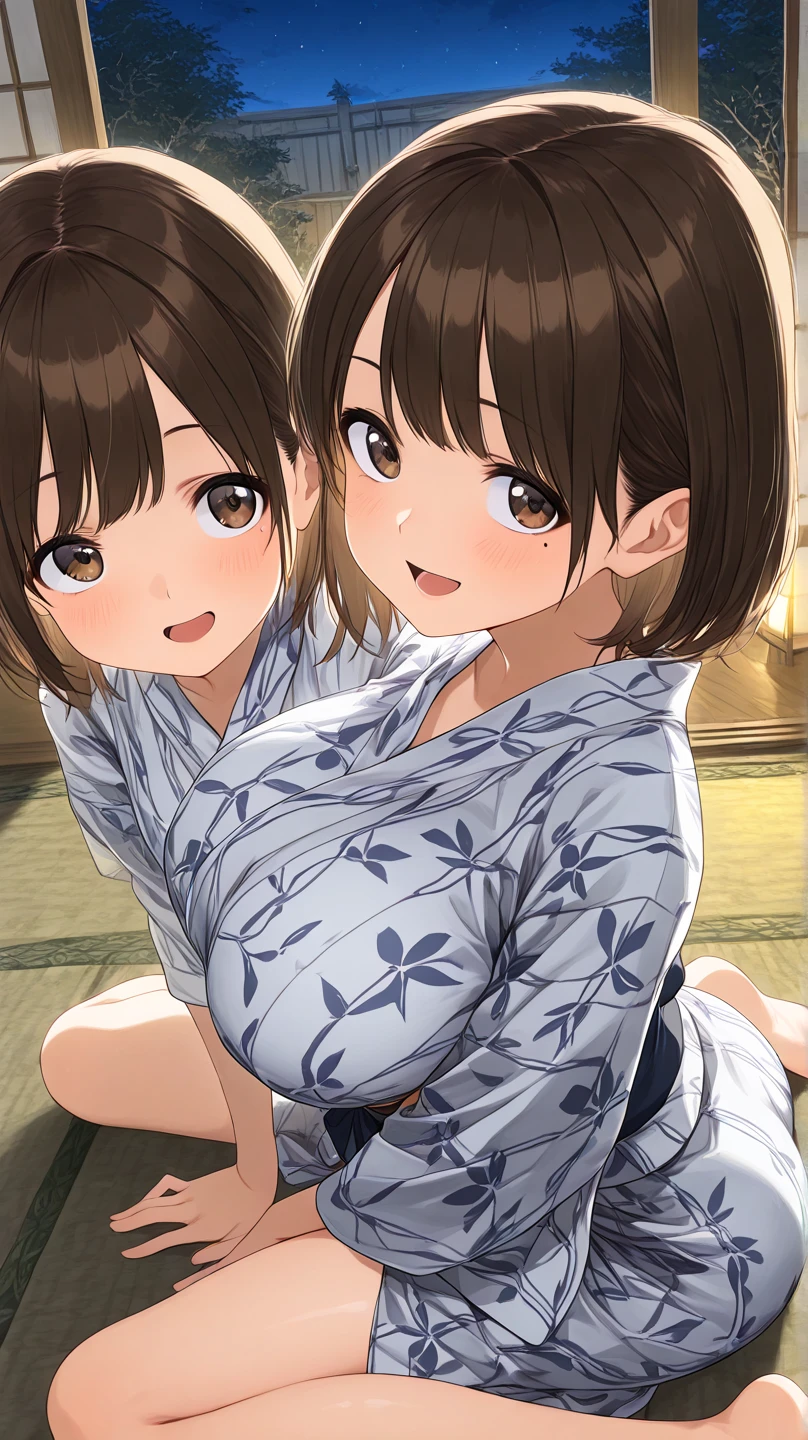 (masterpiece:2.0), (top-quality:2.0), (sitting naked:1.5), (extremely mini skirt extremely small pink yukata:1.5), (super thin fabric:1.5), (sexypose:1.5), (blushed face:1.3), (barechested:1.3), (realistic:1.5), 1 little girl, precise hands, Embarrassed look, light smile, Look at me and smile, extremely cute girl, innocent face, young face, Clear eyes, Shining eyes, small breast, (cleavage of the breast is visible:1.5), (the thighs is visible:1.5), The crotch is visible, No pubic hair, full body, The beautiful skin, ultra-definition, Top resolution, japan high school student, brown hair, at the night festival
