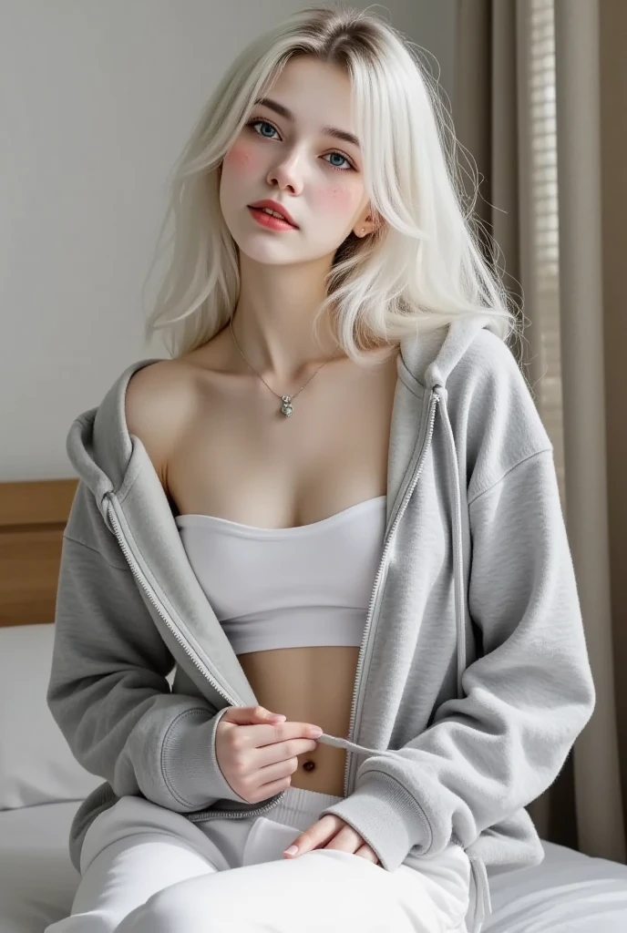 photorealistic, high resolution, 1girl, white wavy hair, korean, heterochromia eyes, thick eyebrows, sharp nose, small mole below eye, loose white hoodie, ripped gray gym shorts, medium , small waist, huge thighs, on bed