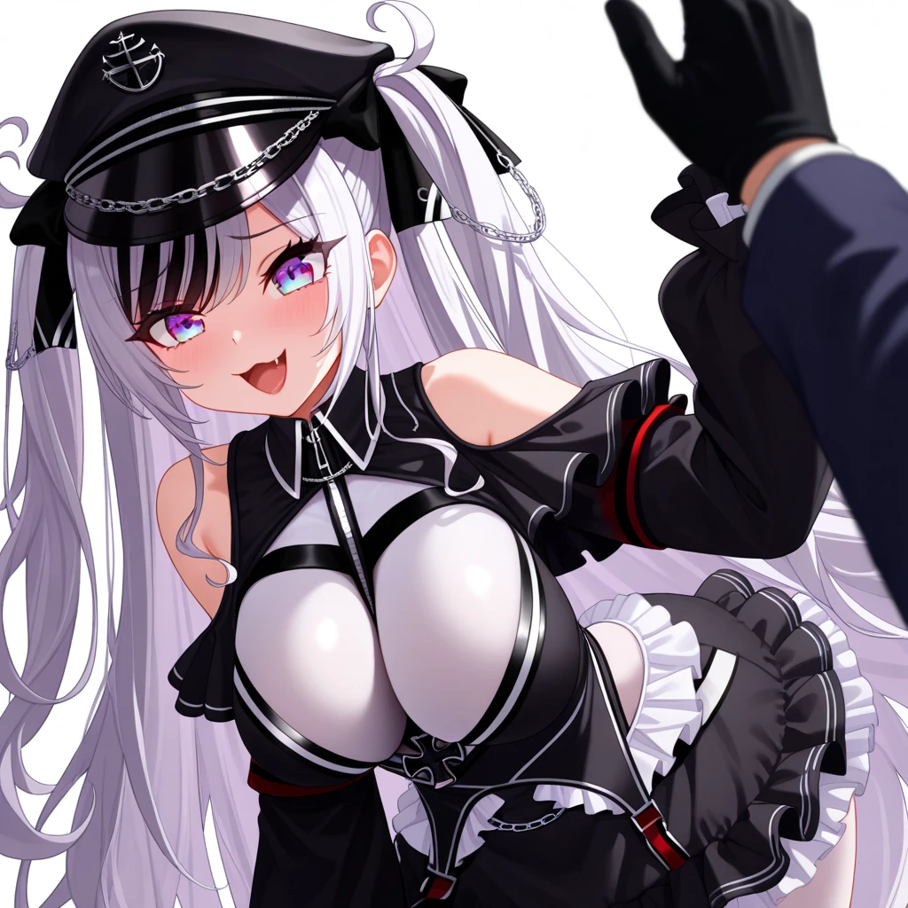 Browsing Caution,((One man and one woman,having Sex)),Woman standing on top,vagina,Sex,Small breasts,Silver Hair,Hair above one eye,Pink Eyes,Plump thighs,tights, corruption,((Fallen Costume)),beret,ribbon,Heart Pendant,Earrings,(masterpiece,Best image quality,Highest quality),Simple Background