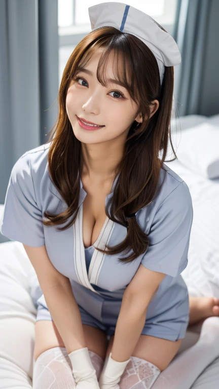 Highest quality, (Beautiful nurse:1.2)、Lift up your skirt with your hands to reveal your panties、looking at the camera、Larger breasts、Embarrassed、Cleavage