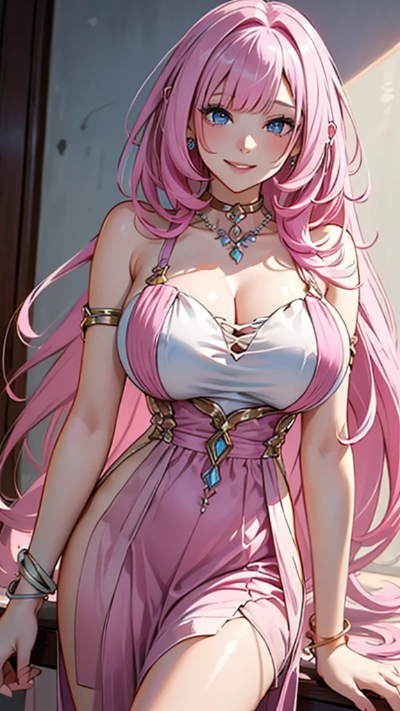 Pink hair, hazel eyes, older woman, hair jewel ornament, cat ears, long hair, smiling face, bright colors, fantasy clothes, teal pink and gold clothes