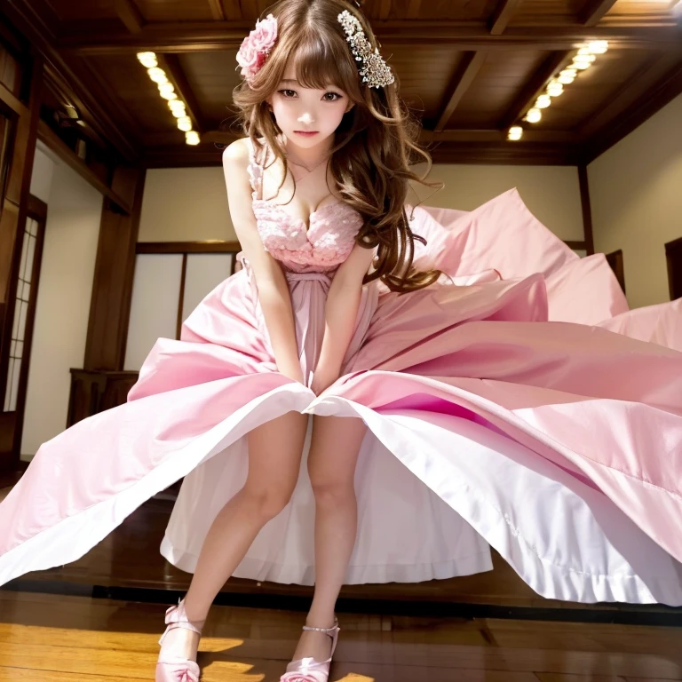 (Highest quality, Tabletop:1.2), (Realistic:1.3),, (非常にDetailed Background, Detailed Background), Bokeh,, , Gorgeous Prom Dresses, Luxury Prom Dresses, Wedding dress, Bridal Veil, Bridal Gauntlet, bridal cascade bouquet,, Upper Body,, Church wedding,, , ((1 person, alone)), cute, Teen, Strike a Pose, smile,, Dynamic Angle, Dynamic pose,, , Very long hair,,((Lift the hem of the skirt with your hands:1.3)), ((Showing panties:1.3)), Looking up at the audience, ((From below:1.5)), (Big round breasts:1.2), Tight round ass and small crotch, Beautiful leg lines:1.3, Thick thighs, Slim your waist, look back, ((Heavily tilted posture)), View from behind