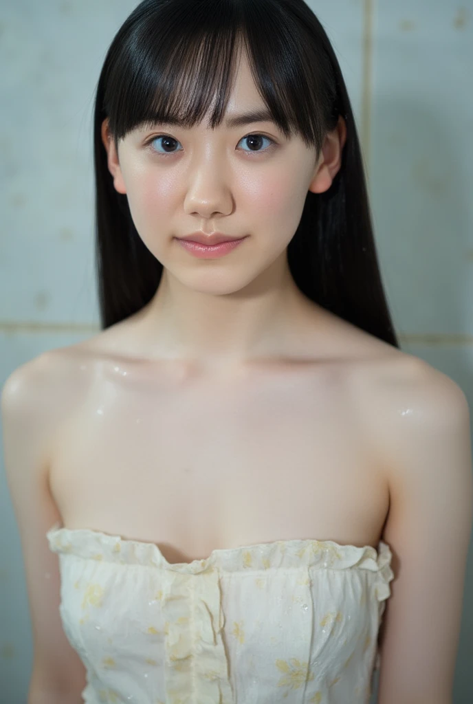 (Highest quality), (masterpiece), A nude Yoshioka Riho is lying on her back on a bed with her knees raised and legs wide open, exposing her vagina with a penis inserted into it., whole body, Her crotch is in the center of the screen., Eyes that are evenly shaped, Big eyes, Droopy eyes, very very short hair, Almost flat breasts, she does shy smile, she is blushing, She has a full head of pubic hair, Beautiful vagina, I am having sex with her, get creampied, She is gasping with her mouth open, A simple background with just a sheet,