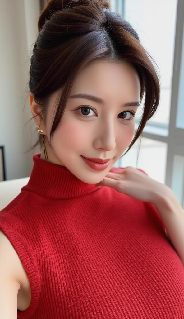 ((highest quality, 8k, masterpiece:1.3)), Lower body, sharp focus:1.2, Beautiful hijab woman with perfect figure:1.4, slender abs:1.1, The background is a convenience store counter, ((shortcut, big breasts:1.2)), (wearing a fluffy red sweater dress, big breasts, slim and toned waist, Soft big buttocks, laughing:1.2), Highly detailed face and skin texture, detailed eyes, double eyelid, 25 year old woman, mature woman, laughing