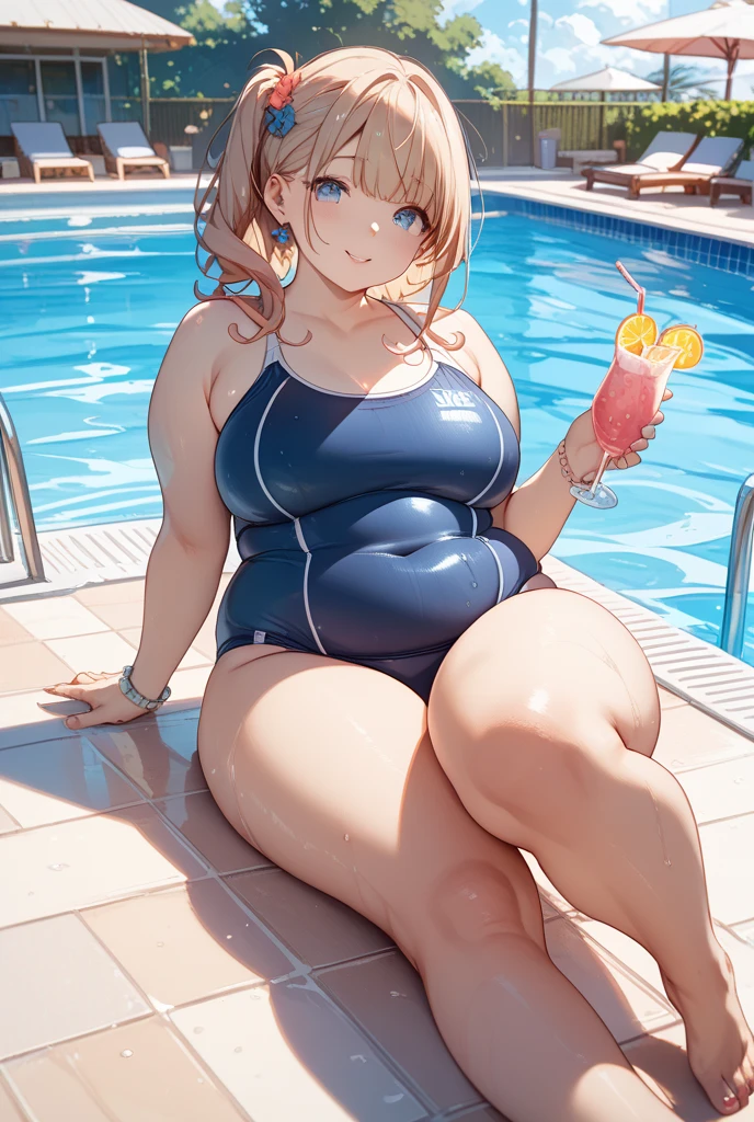 ((Masterpiece)), perfect anatomy, perfect shading, field of depth, (best quality), extremely delicate and beautiful, perfect lighting, detailed face, ultra cute face, cute, looking at viewer, (facing to the side), (((1girl))), (((solo))),
Blonde hair, short hair, ponytail, wet, blue eyes, (blushing), happy, red bikini, (thick thighs), (wide hips), chubby,
sitting, pool side, backyard, outside, holding drink,