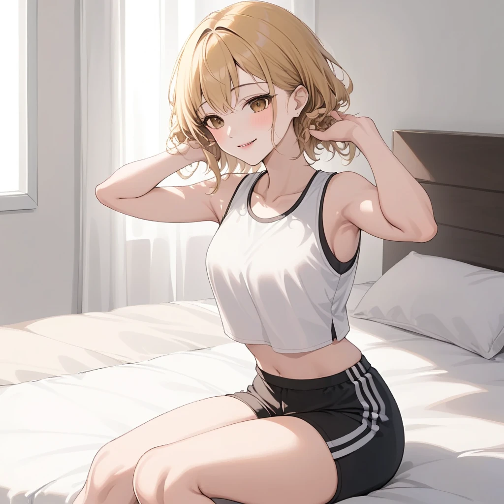 masterpiece, best quality, ultra detailed, ultra high resolution, very detailed face, solo, ((anime), 20 years old girl, (((sports bra, pantie))), ((golden short hair)), (((medium breast))), (six pack abs:1.2), (((put hands around the navel))), ((little smile)), (((lying on the bed))), indoor
