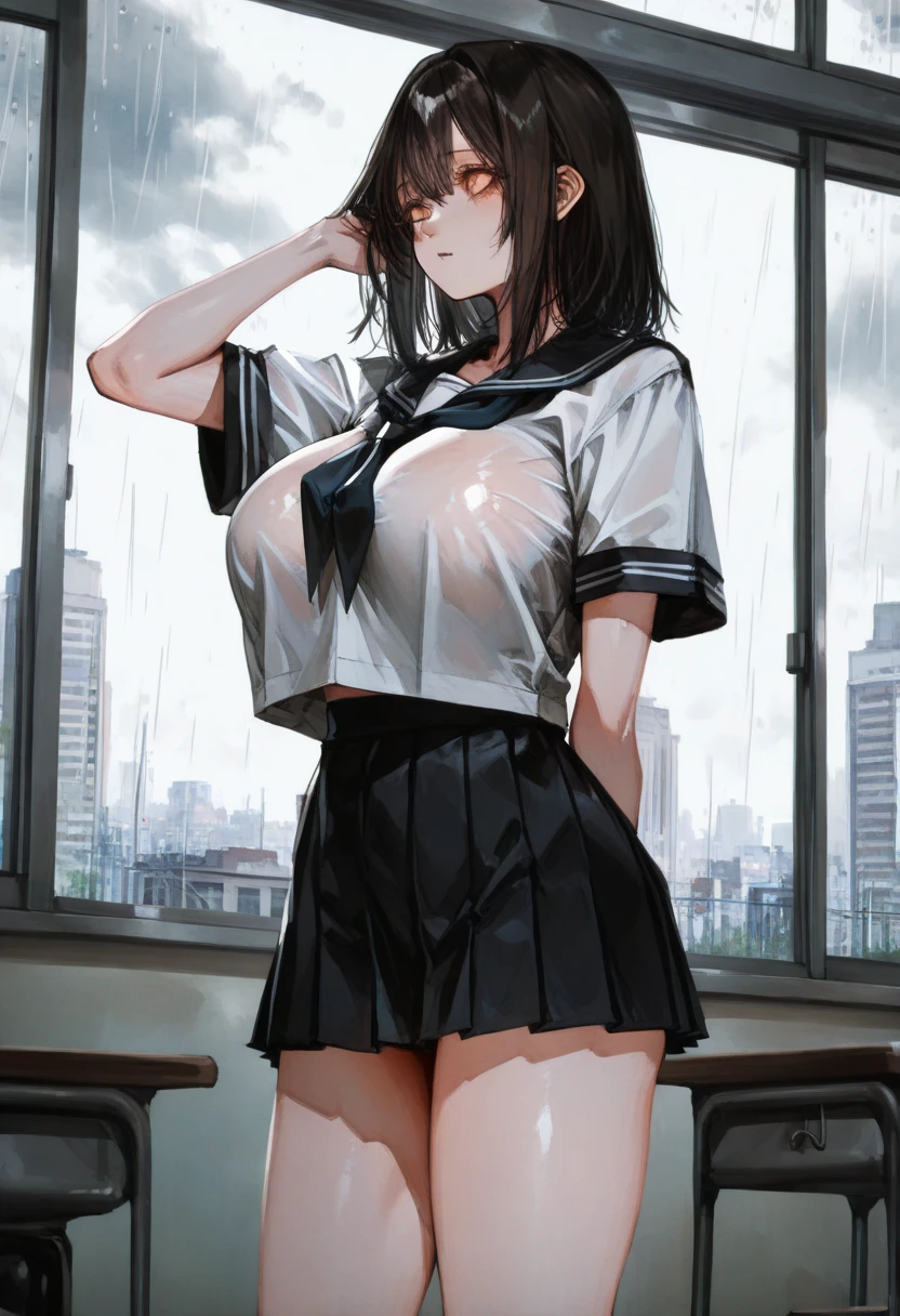 (masterpiece、Highest quality)、Highest quality, Ultra-high resolution, (((masterpiece))), alone, Sweat、Big eyes, Composition from the front、short hair、both ears、Embarrassed face、Blonde Hair、School classroom、Sailor suit、Upper body naked、Breasts exposed、Nipples、Large areola、belly button、skirt、Upper body close-up、Sit with your legs apart、panties、Pussy Line、Browsing Caution