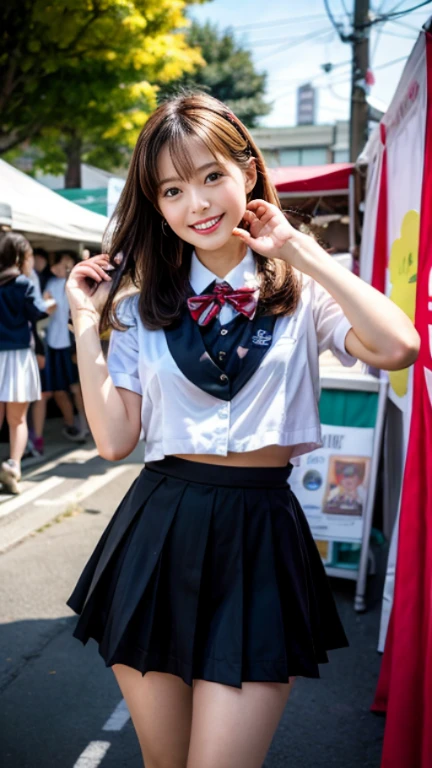 8k、best image quality、masterpiece、summer、Japanese high school girl meets friends while commuting to school。she smiled。、I winked in my right eye.、12age、short hair、Clothes with red and white lace、mini skirt、Cute ribbon on head、