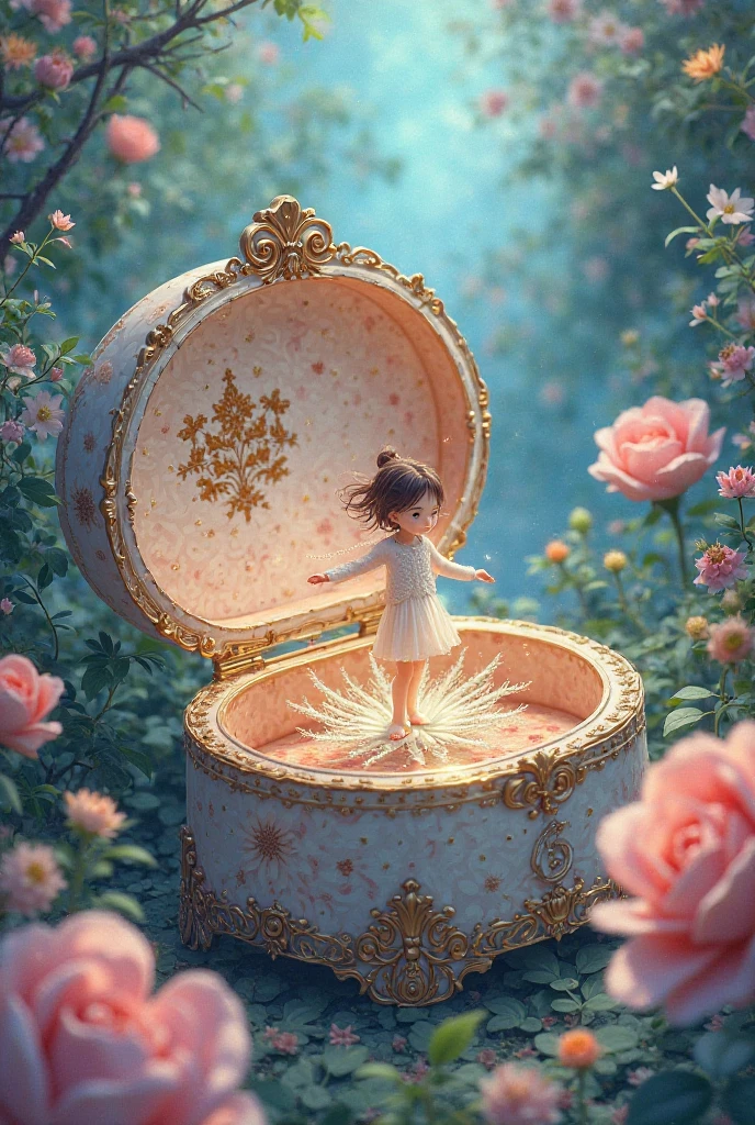 Music box from childhood,Thumbelina in the center dances to the music,spinning in a flowery fluffy dress