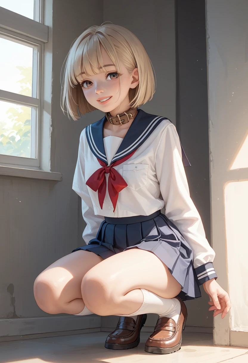 Japan sailor suit, miniskirt, (sitting squatting with legs open), (white panties visible), short silver hair, young, cute, beautiful girl, gigantic breasts, excited face, best body, stairs, turning around, looking at the viewer, 8K, very detailed, best image quality, highest quality, super high resolution, masterpiece,