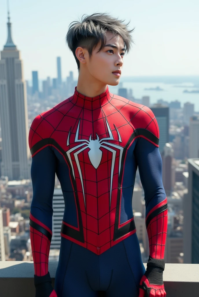 (1 boy:1.3), Solo, (((Very detailed face)))), ((Very detailed eyes and face)))), Beautiful detail eyes, Body parts__, Official art, Unified 8k wallpaper, Super detailed, handsome boy, masterpiece, best quality, original, masterpiece, super fine photo, best quality, super high resolution, realistic realism, sunlight, full body portrait, amazing , dynamic pose, delicate face, vibrant eyes, (from the front), ((wears sexy Spider-Man leotard)), red and black color scheme, spider, very detailed city roof background, rooftop, overlooking the city, detailed face, detailed complex busy background, messy, gorgeous, highly detailed skin, realistic skin details, visible pores, clear focus, volumetric fog, 8k uhd, DSLR, high quality, film grain, fair skin, photo realism, lomography, futuristic dystopian megalopolis, translucent, full length shot (fls). , ((sexy , thick thighs , NSFW , (only male) , (only boy), handsome Korean boy , exposed sexy body ,bare thighs)) , micro thong