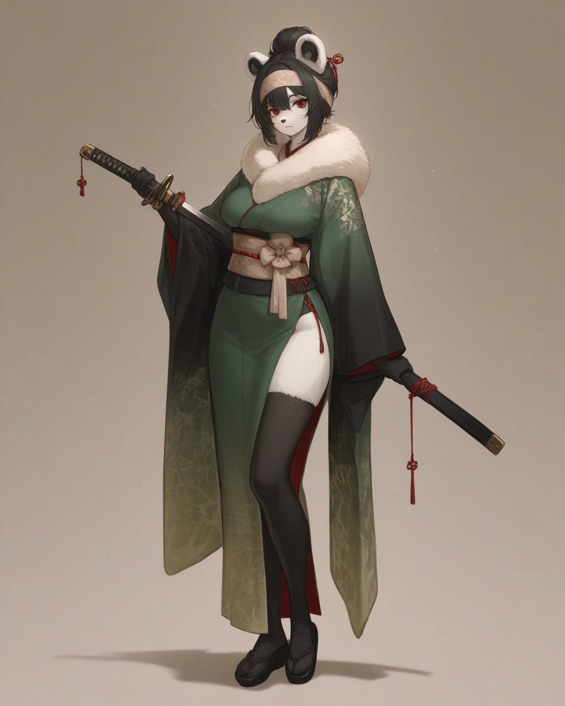 nierakeha, 1girl, solo, hair over one eye, hair bun, mole under eye, pale, black lipstick, earrings, hair stick, kimono, sash, shoulder tattoo, japanese clothes, off shoulder, red gloves, full body, smoking pipe:0.8, scarpin shoes, white background, anime <lora:Nier_Akeha-PONY:0.8>, score_8_up, score_7_up, score_6_up, score_5_up, score_4_up,