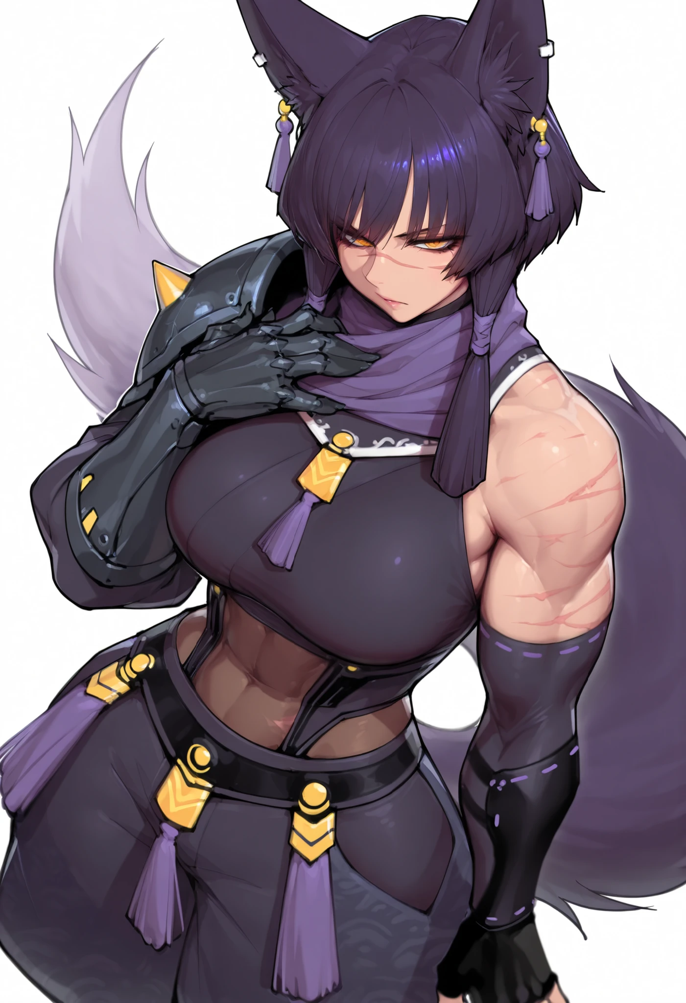 gorgeous kitsune girl, beautiful face, kitsune, hair of ash-purple color, beautiful woman, golden orange eyes, slit pupils, personalami style, volputrous body, toned woman, curvy and athletic, fox ears, short hair, dark adventurer jacket, buggy pants, single pauldron, single vambrace, single gauntlet, black hands, fox tail, attractive proportions, scars on body and face, defined athletic arms and legs, athletic lanky body, fox ears, calm dominant expression, hair tubes, half-closed eyes, big breasts, huntress, masterpiece, ultra definition, simple white background