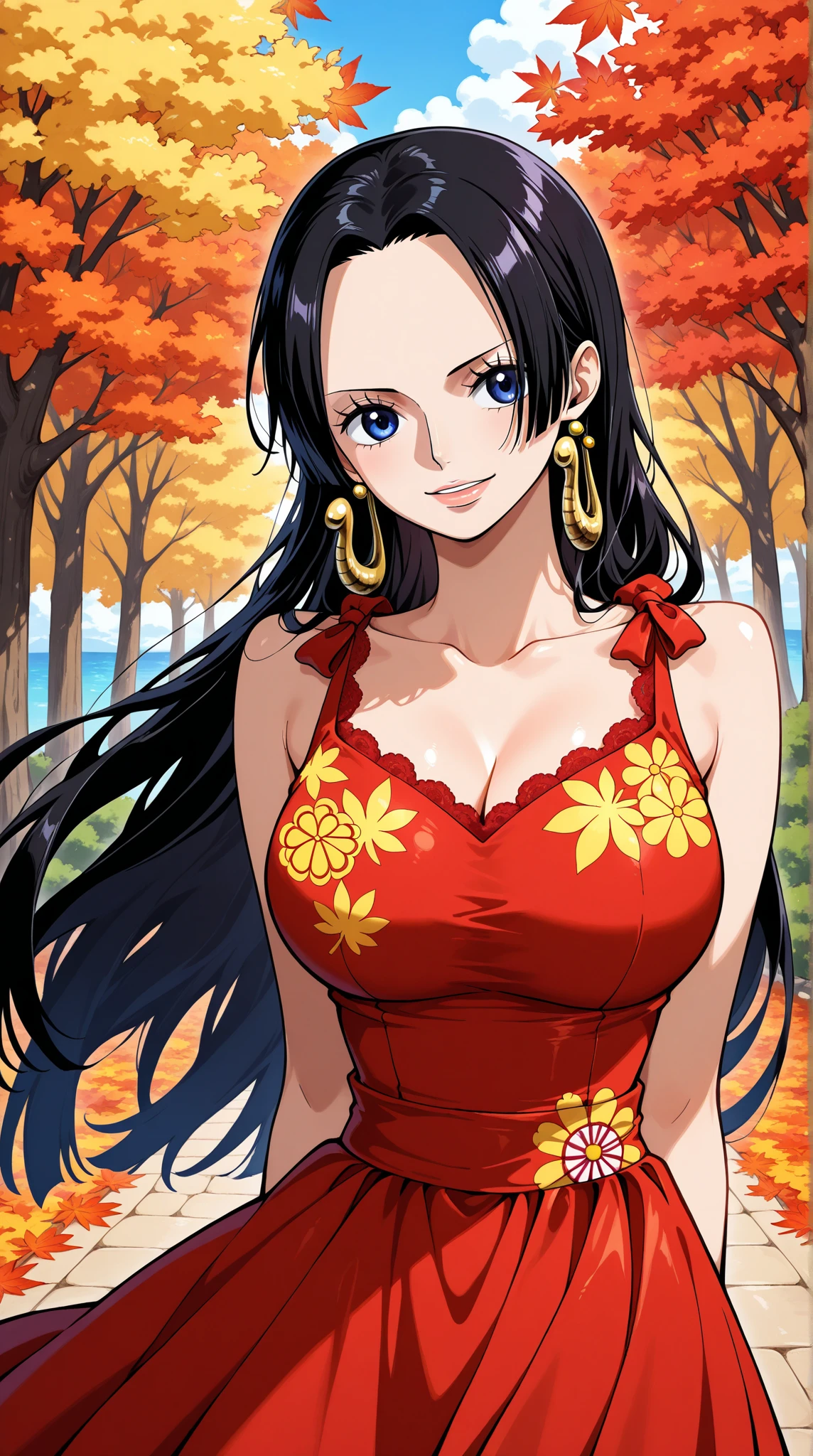one-girl,Large breasts,cleavage,Off-the-shoulder attire,Be red in the face,Raised sexy,monkey d luffy, Smiling, Straw hat, Red vest,Solo,, ((Masterpiece)), (Best quality), (Extremely detailed), Depth of field, Anime screenshots, Scars under the eyes, preparing to fight, 黑The eye,Sea background