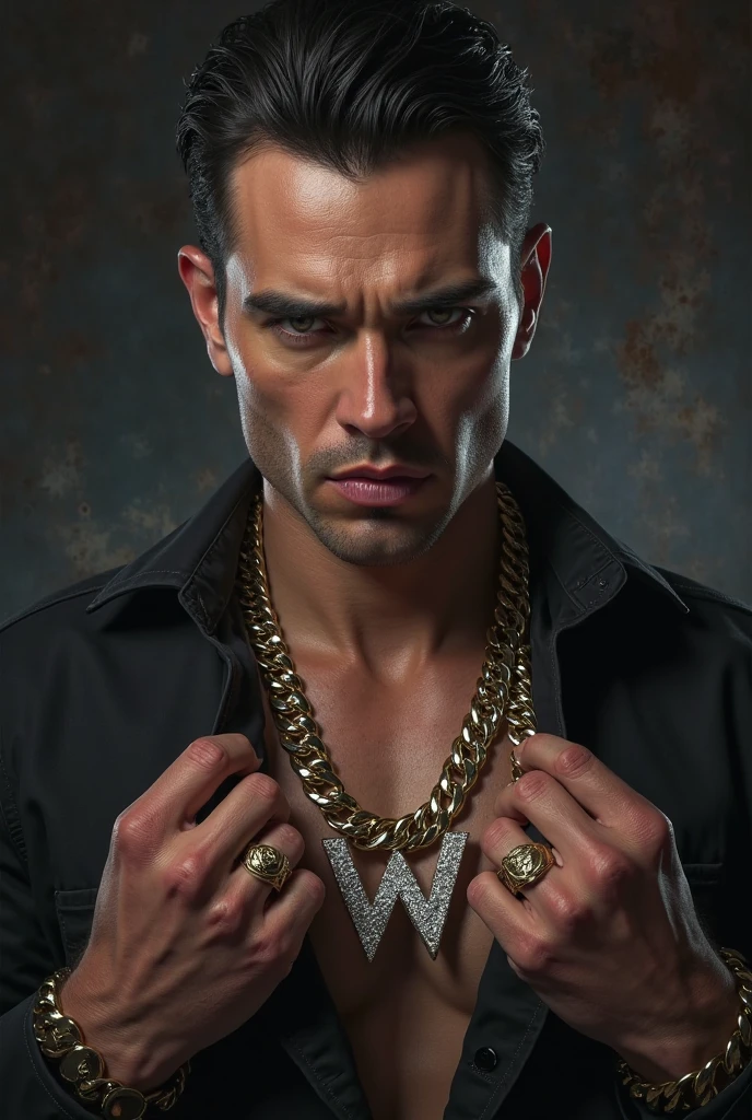 The image features a very fit man with a toned physique posing in a somber, gothic setting.  His dark, slicked-back hair and sharp features, including piercing dark eyes and a chiseled jawline, create a smoldering look. He wears a dark, high-necked tank top that contrasts with his bare arms, further emphasizing his muscular build. Adding to the edgy aesthetic, he sports a collection of chunky silver necklaces with various pendants, including coins and animal figures. His intense gaze directly at the camera adds to the overall mood of dark, brooding masculinity.
