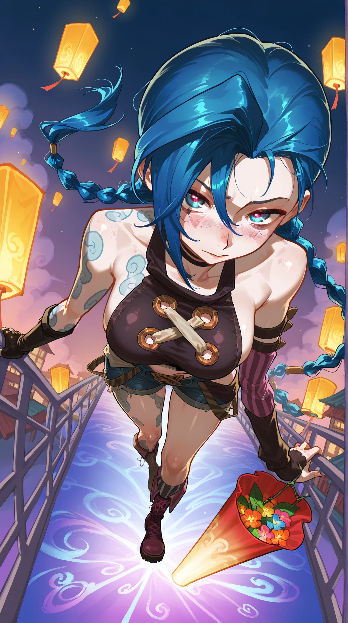 ((Best Quality)), ((Masterpiece)), (Detail: 1.4), (Ridiculous),, Niji --V5.2, Face Detailed, Unbeatable Masterpiece, 8k, Perfect Artwork, Close to Real, Psychopath, Crazy Face, Full Body, Surrounded by Devils, Night, Japan, One Hand Up, Jinx, 1 Girl, Small Tits, (Crazy Smile)