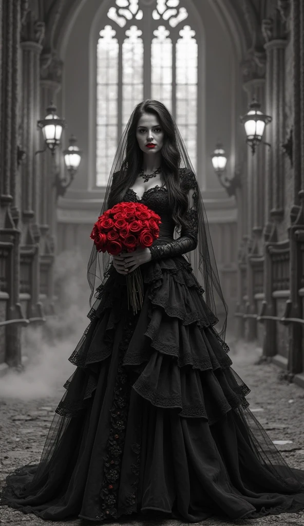 (best quality), (top quality), (dark), (whole body), (melancholy), (sadness), (agony), (terror), (horror), (black and white), (realistic photo), (real photo), (full body) dark bride with shiny black veil, crying bloodstained with red roses in her hands. --auto --s2