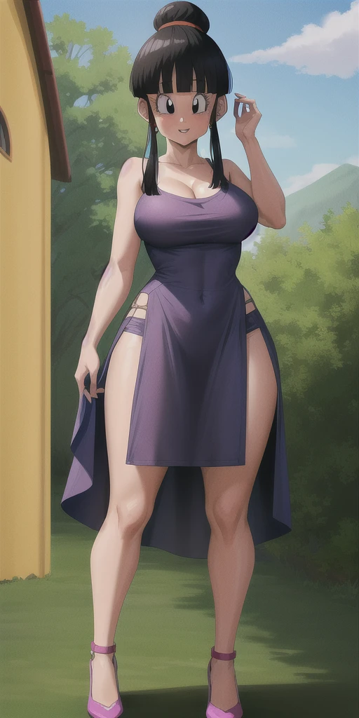 masterpiece, ultra high-quality, extremely detail 8k cg, high resolution, 1girl, pakura, green hair, orange eyes, thin body, huge breasts, bursting breasts, evening gown, halterneck, criss-cross halter, high heels, choker, beautiful face, outdoors, garden, night time, full shot photo, full body