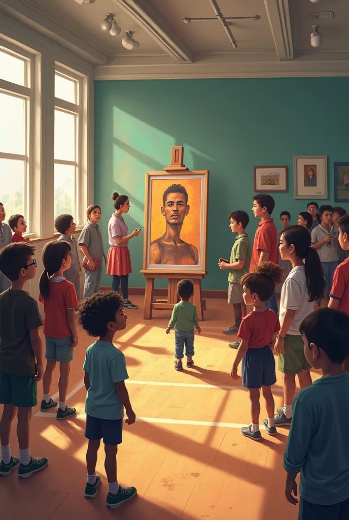 A school assembly with rows of children seated on the floor, while teachers stand at the front looking stern. The atmosphere is serious, with a projection screen displaying an image of the missing ancient figurine. The children appear puzzled or concerned, except for one girl who looks nervous