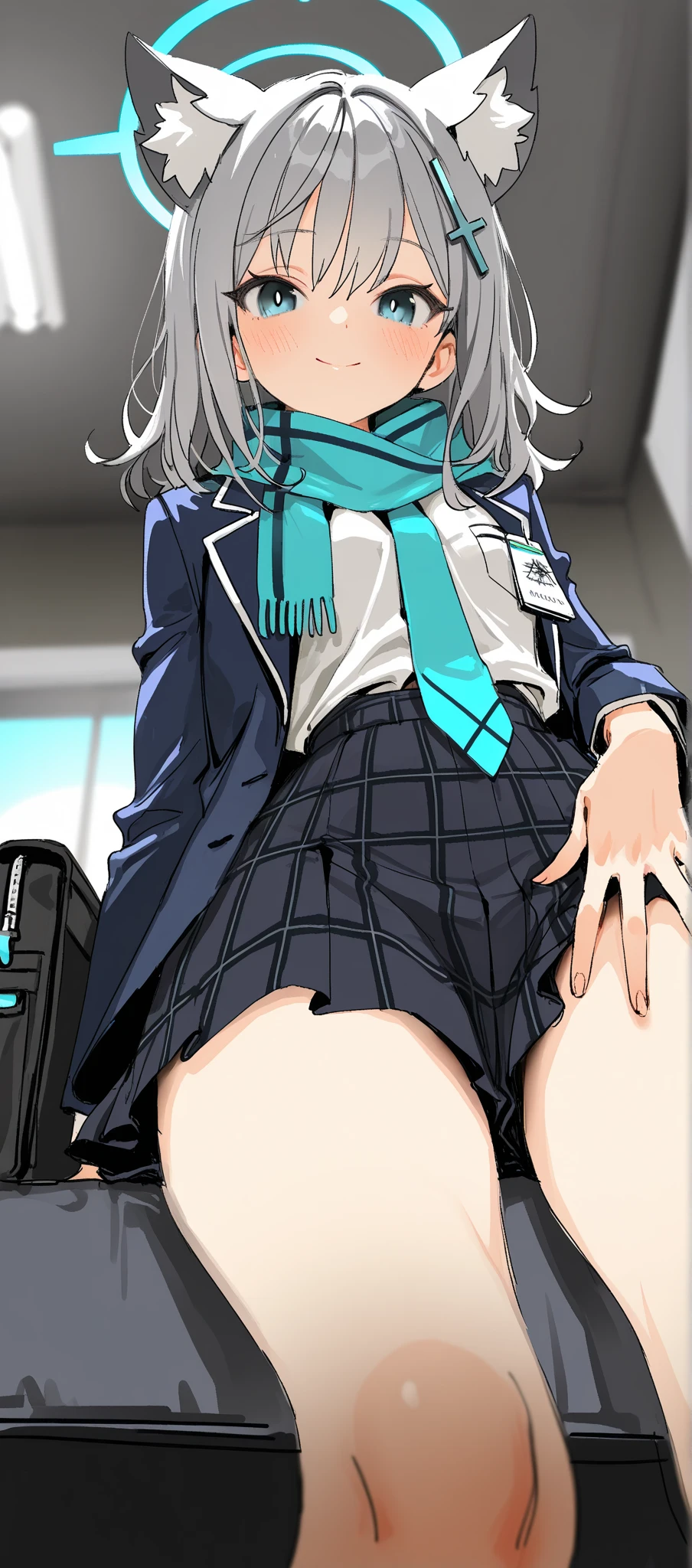 Cardigan,Deferred expression,JK Campus,Tall and tall,red blush,Navy blue skirt,up skirt,It's okay to wear a skirt, I can see my panties,校服,(((tucking up the skirt)))、Pleated miniskirt,small tits,Holding,(appearance々Patterned panties:1.3)、(Skirt that rolls up:1.3)、(Fully exposed panties:1.5),